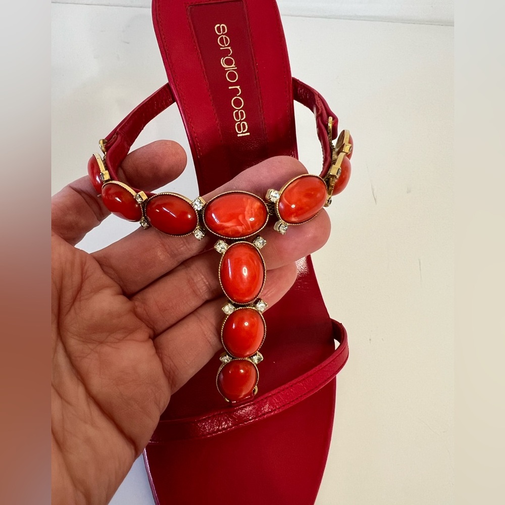 Sergio Rossi Red Crystal and Orange Stone Embellished Sandals, Size 39 - Picture 10 of 16